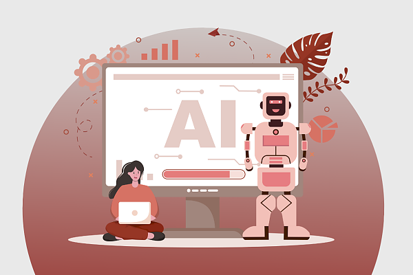 A woman with a laptop and a robot next to a monitor displaying "AI".