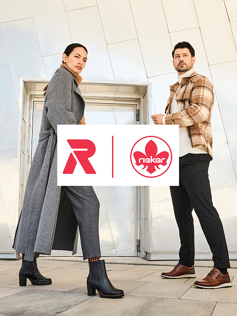 Two models in Rieker shoes and stylish coats pose, with Rieker brand logos overlaid.